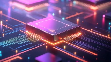Glowing Futuristic Computer Processor Chip in Neon Geometric Circuit Background