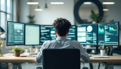 Programmer working on multiple screens, immersed in coding and data analysis.  A modern workspace displaying technology and digital data.