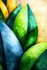 Sticker - An abstract artwork featuring vibrant leaves in shades of green and blue, set against a textured, warm background.