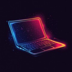 Wall Mural - neon laptop with space background and glowing lines on dark background digital art