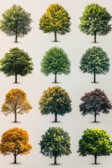 Twelve trees with different foliage colors on a light background showing seasonal changes