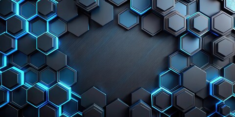 Wall Mural - Abstract Dark Hexagon Pattern with Blue Neon Accents and Central Space for Text or Logo