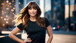 © Ai Creations - A young woman with long, brown hair styled in loose waves and bangs radiates confidence while wearing a simple, black t-shirt