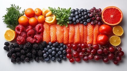 Canvas Print - Colorful arrangement of fresh fruits and salmon on a white background, showcasing vibrant ingredients