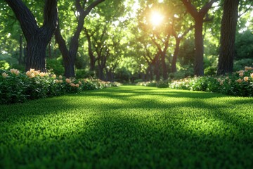 Wall Mural - Sunlit Forest Path Lush Green Grass Sunlight Through Trees