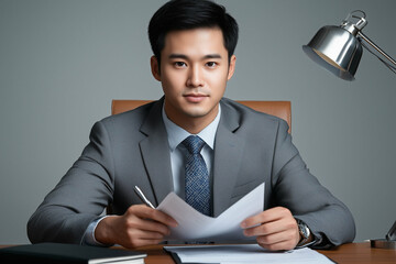 Wall Mural - Businessman in office discussing documents during business meeting with professional man