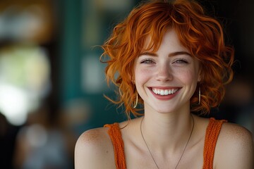 Wall Mural - cheerful redhead smiles warmly freckles adding to radiant charm dressed in casual orange top relaxed and happy