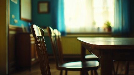 Wall Mural - Cozy Dining Room with Wooden Table and Chairs in Sunlit Space