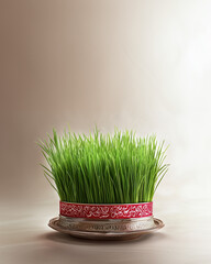 Nowruz holiday samani grass with red ribbon. Persian New Year Novruz with traditional semeni.