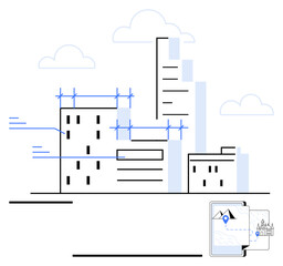High-rise buildings with scaffolding, city development, digital map interface on phone. Ideal for urban planning, architecture, real estate, technology, navigation, smart cities abstract line flat