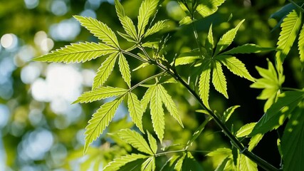 Wall Mural - Bright green leaves glisten in sunlight against a blurred natural backdrop during a tranquil afternoon