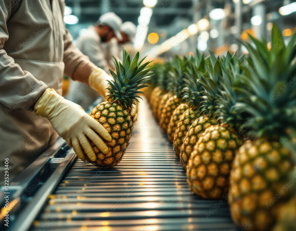 Proceso de selección de piñas frescas en cinta transportadora dentro de ...