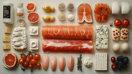 Canvas Print - Assorted Fresh Ingredients Including Salmon, Meats, Vegetables, and Dairy on a Clean Surface