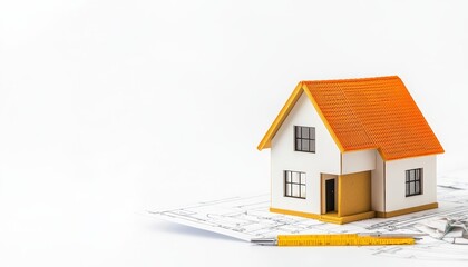 Architecture paper blueprint and scale wooden model house. A model house with an orange roof sits on architectural plans, symbolizing real estate and home construction.