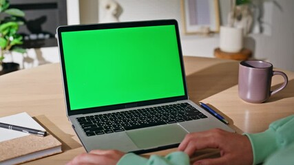 Wall Mural - Businesswoman browsing greenscreen laptop at workplace closeup. Unknown woman