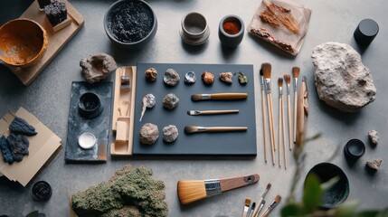 A set of artist's tools, including brushes, paints, and a canvas in progress.