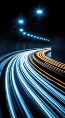 Wall Mural - curved road with motion blur effect amid blue light speed lines reflecting high-speed technology and