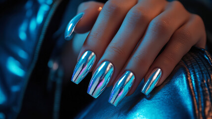 Wall Mural - Holographic chrome coffin nails with a dazzling accent on a stylish female hand