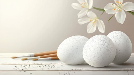 Wall Mural - Easter vector background with realistic white eggs, brush and paint