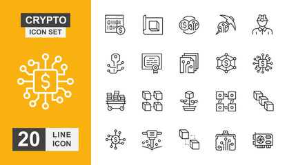 Crypto icon set. Currency, investment, finance, coding, coin and more line icon.