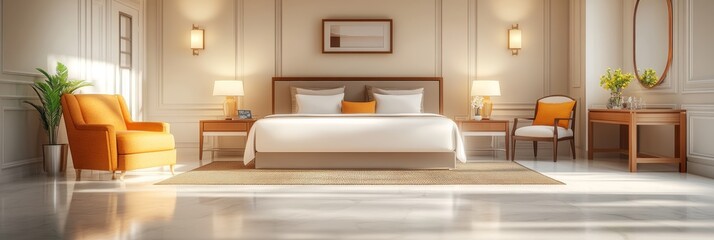 Wall Mural - Luxurious Hotel Room Interior Design with Stylish Furniture, Pastel Colors, and Natural Light