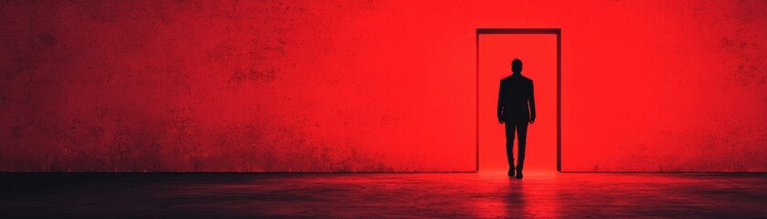 Wall Mural - a silhouette figure stands by a striking red door.