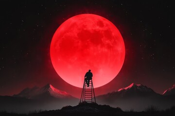 Aufkleber - A minimalist illustration of a person climbing a ladder toward a glowing star, symbolizing career growth, with clean lines and soft gradients