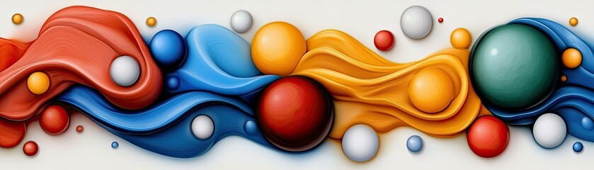 Wall Mural - Abstract Colorful 3D Render of Intertwined Wavy Forms and Spheres in Red, Blue, Orange, and Green Hues
