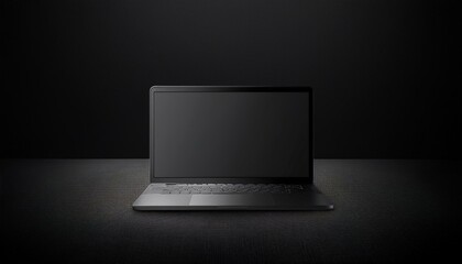 All black minimal concept with blank black single material computer at abstract dark background. Generated image