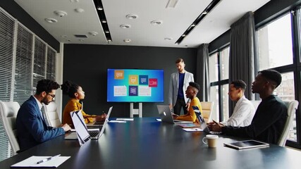 Fototapete - Team collaborates during business presentation in modern conference room with interactive display