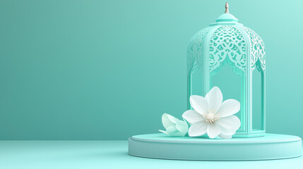 Elegant Arabic lantern with a glowing candle and a white flower on a pastel green background . Vintage christmas candle