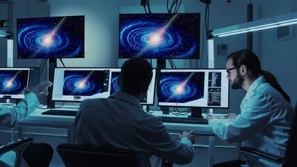 Fototapete - Researchers analyze cosmic phenomena in a high-tech laboratory during nighttime