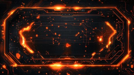 Futuristic orange tech frame background; glowing circuits; dark metallic texture; ideal for presentations, gaming, or tech websites