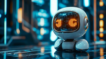 futuristic robot displaying binary code in a neon-lit server room; used for ai, technology, and inno