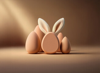 Leinwandbilder - Pastel brown eggs and bunny ears create a minimalist Easter scene.  Soft lighting enhances the smooth, 3D-rendered forms.