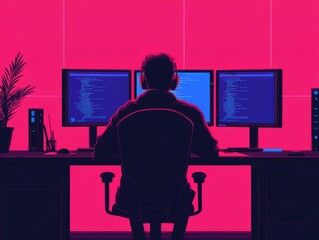 vibrant workspace with a programmer using multiple monitors.