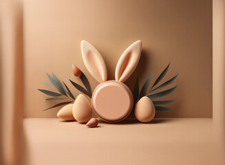 Leinwandbilder - A minimalist 3D rendering of a bunny's ears and face,  surrounded by pastel eggs and tropical leaves against a neutral background. Perfect for Easter or spring themes.