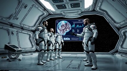 Aufkleber - Astronauts analyze data and discuss mission information in a futuristic spacecraft control room with planet visuals