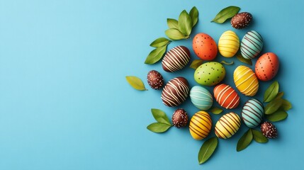 Sticker - Colorful chocolate eggs and candy scattered on a textured blue background. Concept of Easter or festive treats