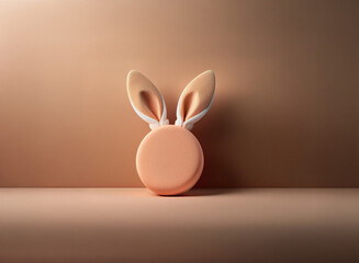 Poster - A minimalist 3D render of a peach-colored circle with bunny ears, against a muted peach background.  The image evokes a feeling of spring and Easter.
