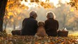 © Prostock-studio - A senior couple sits together on the ground under a tree, enjoying a peaceful autumn afternoon with their golden retriever. Leaves in vibrant colors create a scenic backdrop.