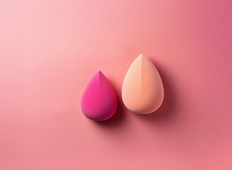 Leinwandbilder - Two teardrop-shaped makeup sponges, one pink and one peach, rest on a pink background.  Soft lighting creates subtle shadows.
