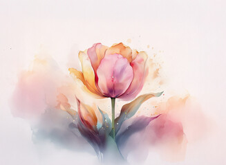 Fototapete - A single tulip, rendered in soft watercolor hues of peach, pink, and orange, is depicted against a muted, painterly background.  The delicate petals and stem are accentuated by subtle color splashes.