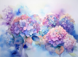 Aufkleber - A watercolor painting depicting a cluster of hydrangeas in soft pastel hues of purple, pink, and blue. The flowers are rendered with delicate brushstrokes, creating a dreamy, romantic atmosphere.  The