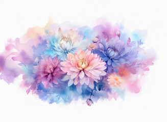 Fototapete - A delicate watercolor painting of pastel chrysanthemum blossoms. Soft hues of pink, purple, and blue create a dreamy, romantic atmosphere. The flowers are arranged in a lush bouquet, highlighted by su