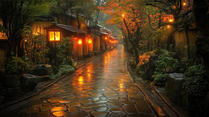 Poster - 雨上がりの祇園、石畳に映り込む街灯と提灯の情景