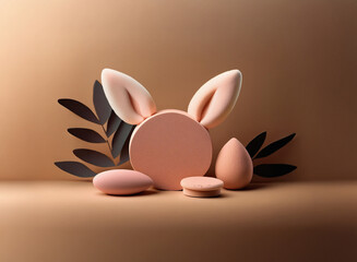 Leinwandbilder - Pastel pink bunny ears atop a round display stand, accompanied by matching cosmetic sponges and dark leaves against a muted brown backdrop.  A spring-themed product presentation.