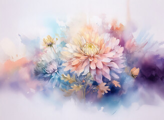 Fototapete - A soft, dreamy watercolor painting of pastel-colored flowers.  The composition features dahlias and other blossoms in a blurred, ethereal style.