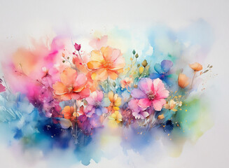 Fototapete - A vibrant watercolor painting of a colorful floral bouquet.  Soft hues blend, creating a dreamy, romantic atmosphere.  The flowers are depicted with delicate brushstrokes.