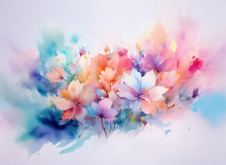 Fototapete - A vibrant watercolor painting of a blossoming flower cluster. Soft pastel hues create a dreamy, ethereal atmosphere.  The flowers are abstract and slightly blurred, suggesting movement and a gentle br